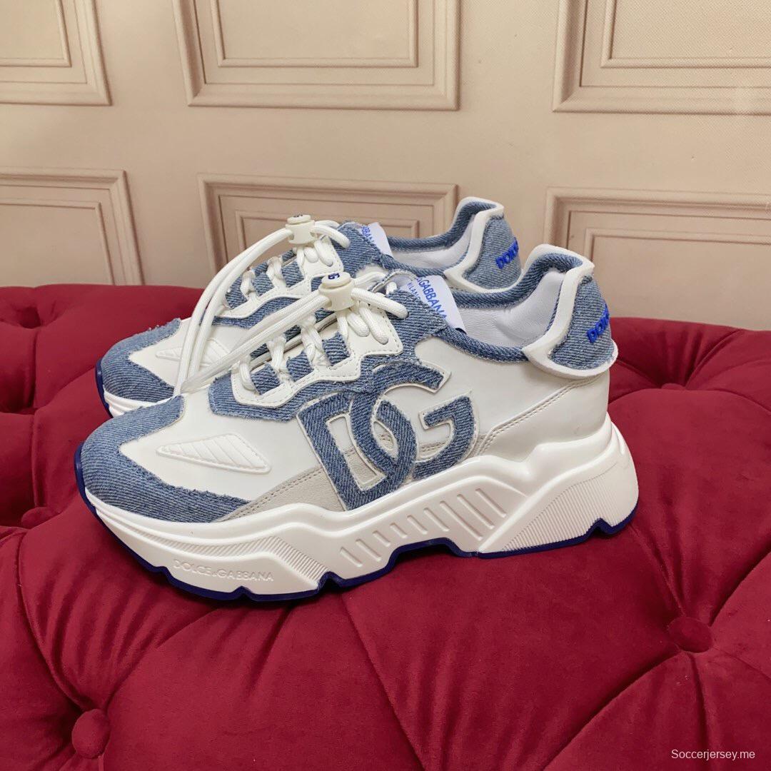 2025 Unisex Dolce & Gabbana White Blue Silk Leather Sneakers Exclusive Craft LY00330(F)/LY00340(M)