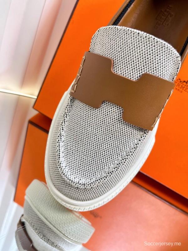 2025 Unisex Hermès White Brown Leather Fabric Loafers