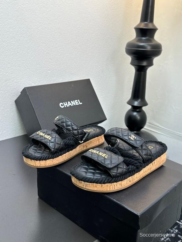 2025 Slippers Chanel Black Leather Cork Sole Sandal LY00250