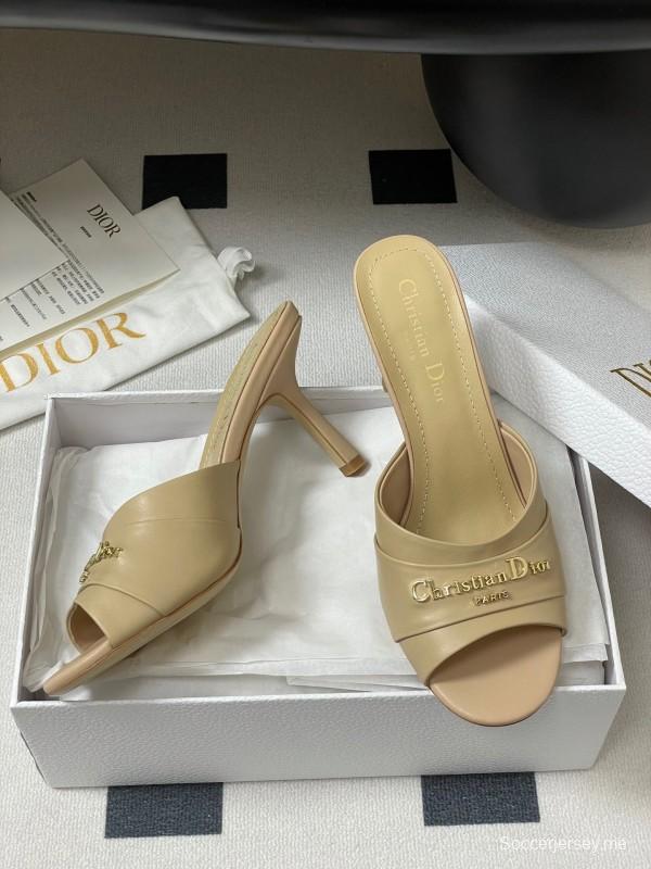 2025 Women Dior Beige Leather Heeled Slippers Christian Dior Logo