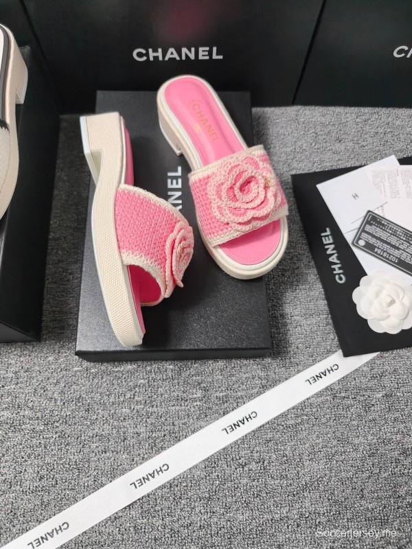 2025 Slippers Chanel Pink Straw Slide Floral LY00360