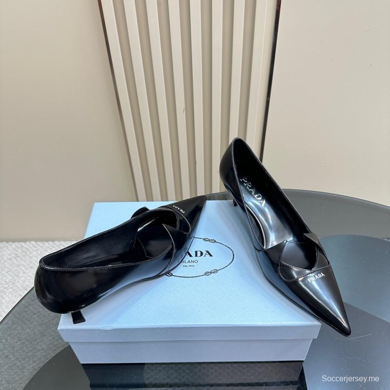 2025 Women Prada Black Leather Heels KFY00310