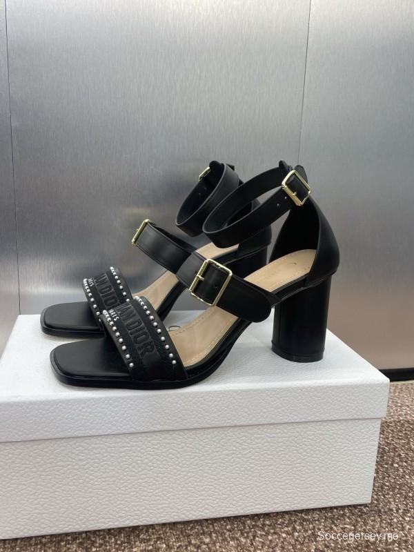 2025 Women Dior Black Leather Sandals Studded KFY00320