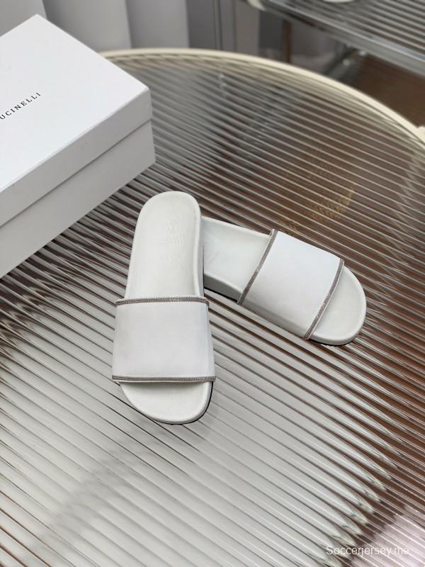 2025 Unisex Brunello Cucinelli White Imported Suede Flat Slide Sandals Handmade Beaded Chain Inlay KFY00240
