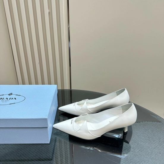 2025 Women Prada White Leather Pointed Toe Kitten Heel Pumps KFY00310