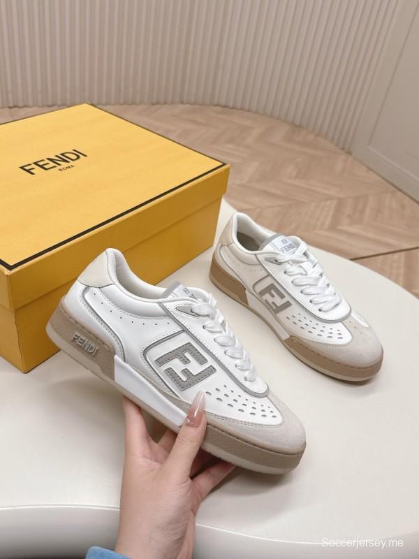 2025 Unisex Fendi White Beige Leather Plimsolls FF Logo LY00350(F)/LY00360(M)