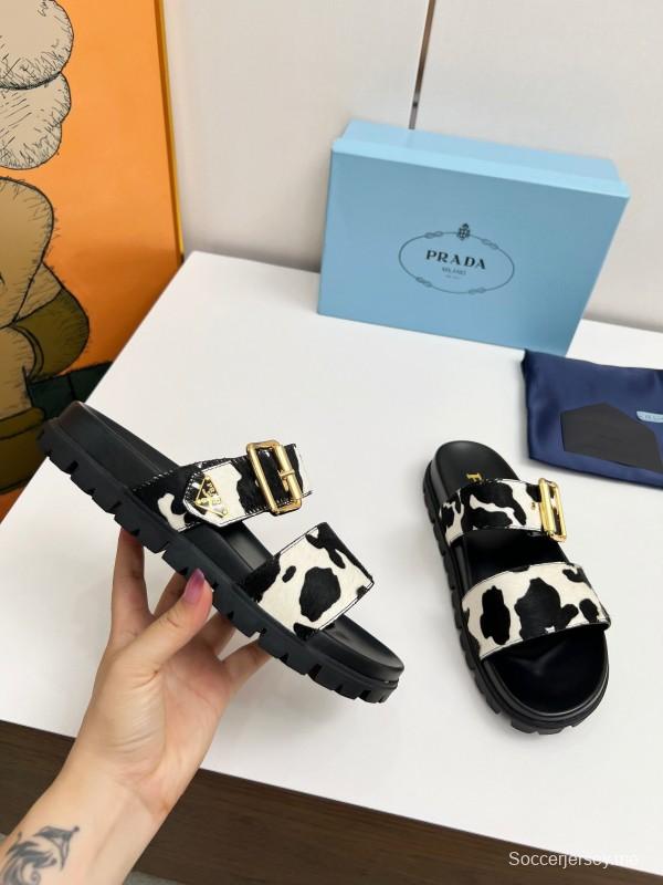 2025 Women Prada Black White Calf Hair Leather Sandals LY00260