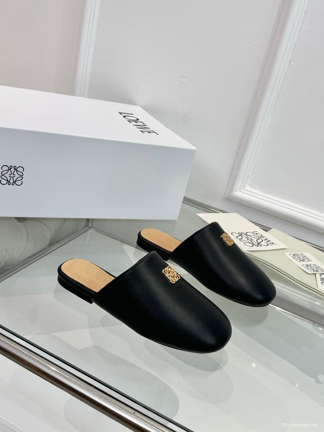 2025 Women Loewe Black Leather Slippers LY00270