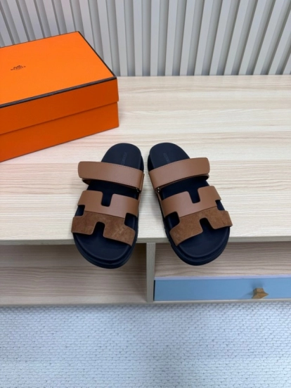 2025 Slippers Hermès Brown Black Leather Nubuck Slippers