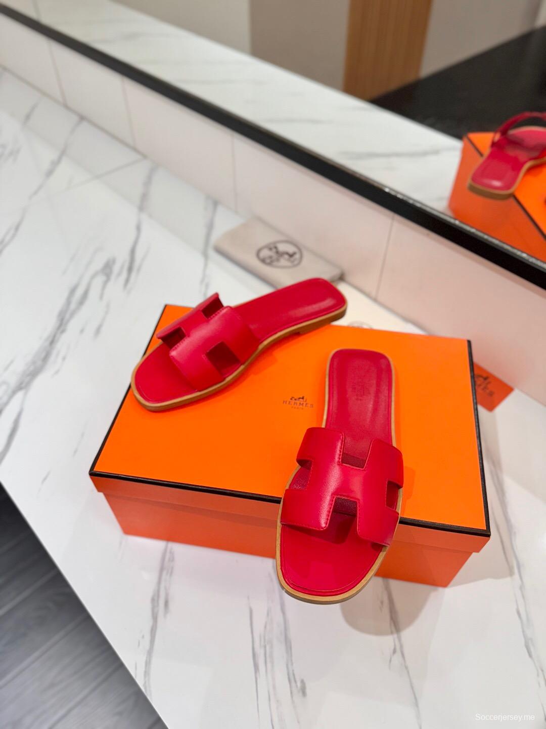 2025 Women Hermès Red Leather Slippers