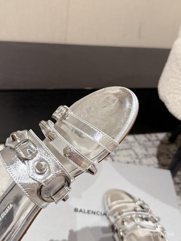 2025 Slippers Balenciaga Silver Leather Metal Buckle KFY00289