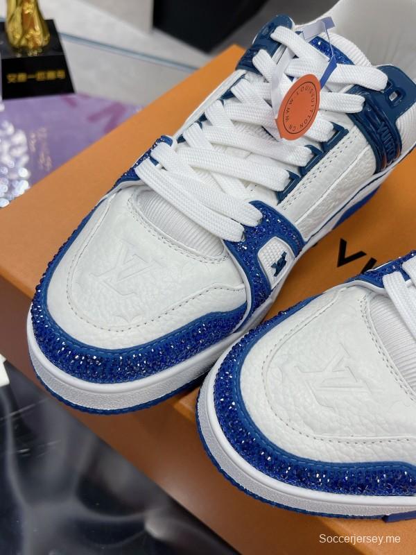 2025 Unisex Louis Vuitton Blue White Leather Plimsolls Handcrafted Beaded AS00400