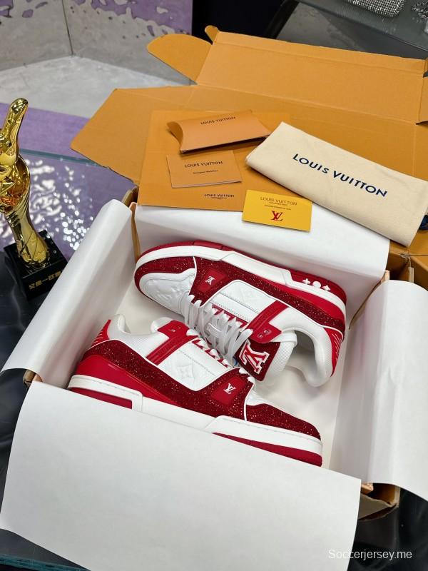 2025 Unisex Louis Vuitton Red White Leather Fabric Plimsolls Handmade Rhinestone AS00400