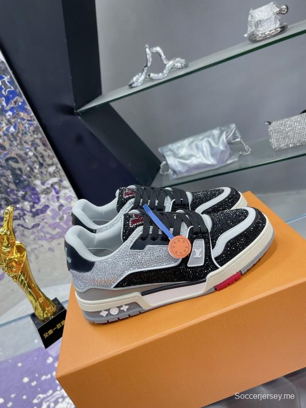 2025 Unisex Louis Vuitton Black White Leather Denim Plimsolls Handcrafted Diamonds AS00400