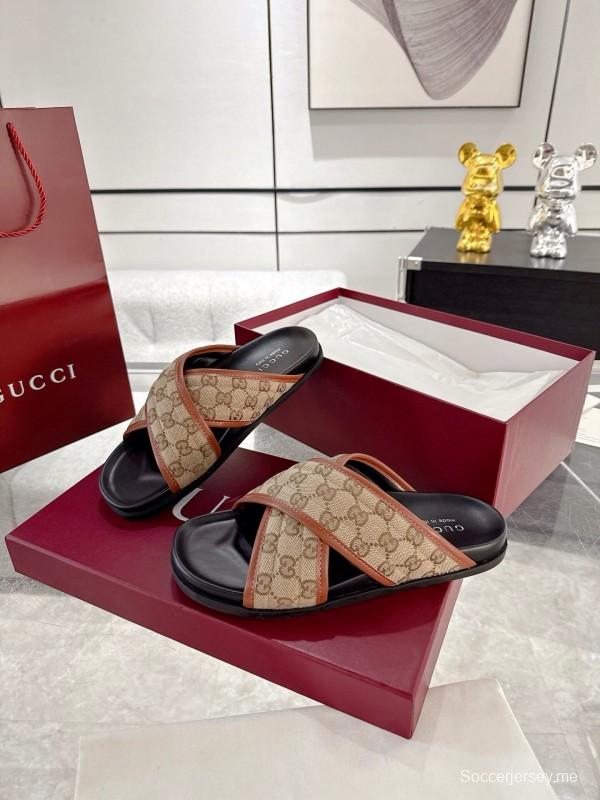 2025 Unisex Gucci Beige Brown Canvas Leather Slippers Double G Embossed AS00240