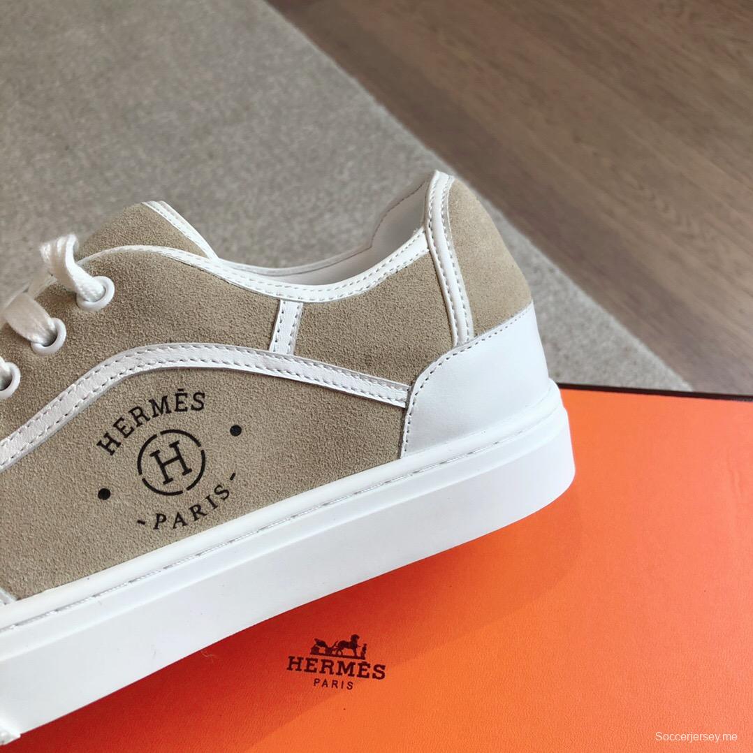 2025 Unisex Hermès Beige White Canvas Leather Sneakers AS00380
