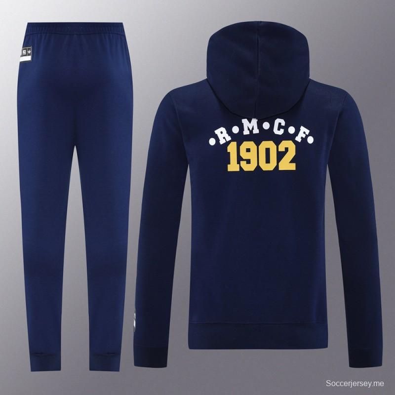 25/26 هودي ريال مدريد بسترة بغطاء أزرق داكن اللون الكحلي بسحاب كامل + بنطال طويل