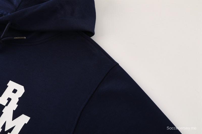 25/26 هودي ريال مدريد بسترة بغطاء أزرق داكن اللون الكحلي بسحاب كامل + بنطال طويل
