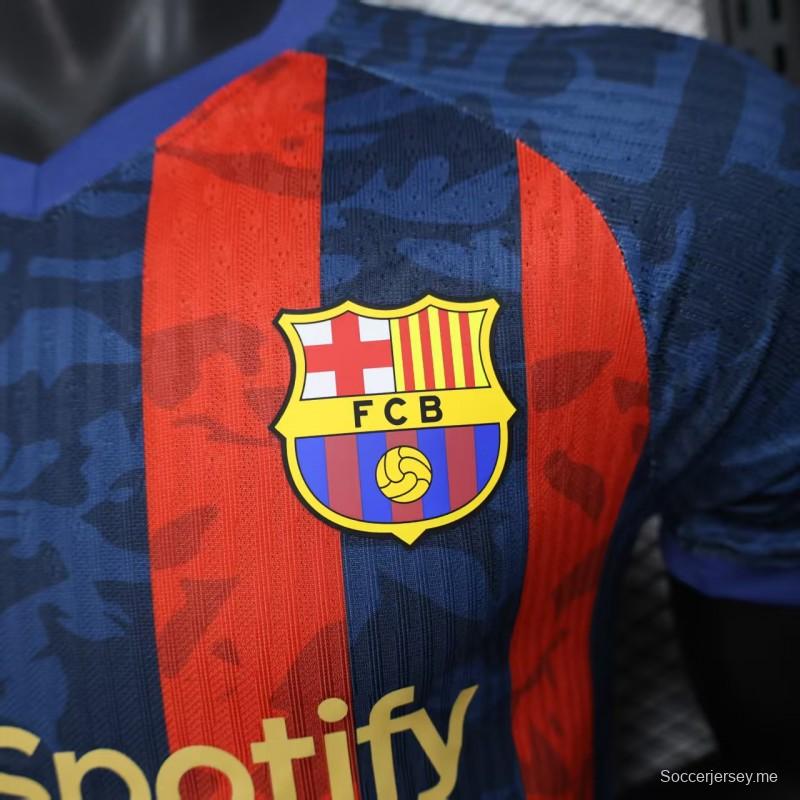 إصدار اللاعب 25/26 قميص برشلونة المنزلي أزرق مخطط بالأحمر مع راعي سبوتيفاي