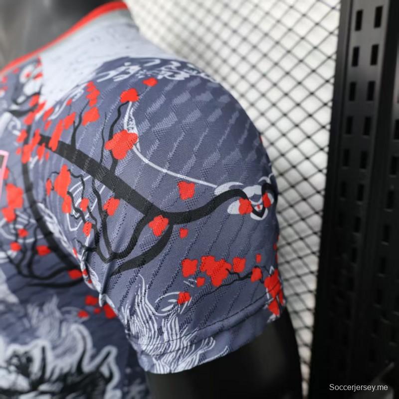 إصدار اللاعب 2025 قميص ياباني رمادي مع قميص بنقشة التنين التقليدي وزهرة الكرز