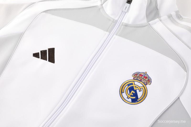 25/26 ريال مدريد جاكيت بسحاب كامل رمادي/أبيض + بنطلون طويل