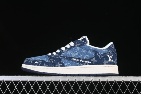 حذاء نايك ترافيس سكوت x Fragment Design x Air Jordan 1 Low OG SP AJ1 ذو الرقبة المنخفضة AJ1 بطبعة أزرق دنيم مغسول - XD0798-312