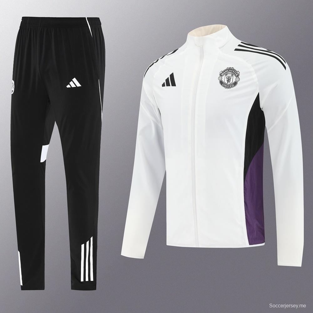 25/26 مانشستر يونايتد أبيض S-3XL مانشستر يونايتد سترة نصف سحاب + بنطلون طويل + بنطلون أبيض S-3XL