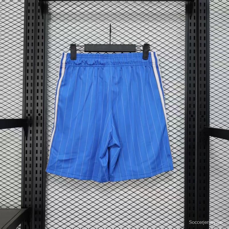 25/26 شورت ريال مدريد أزرق بخطوط بيضاء مقلمة