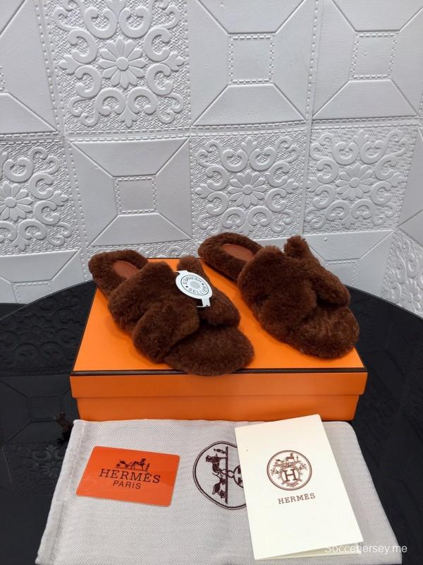 H Teddy Wool H Slippers Flat Sole Winter Fur Slippers - LY00240