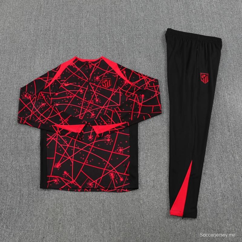 25/26 أتليتكو مدريد أسود بنقشة خطوط هندسية حمراء بنقشة خطوط هندسية نصف سحاب سترة رياضية + بنطال طويل