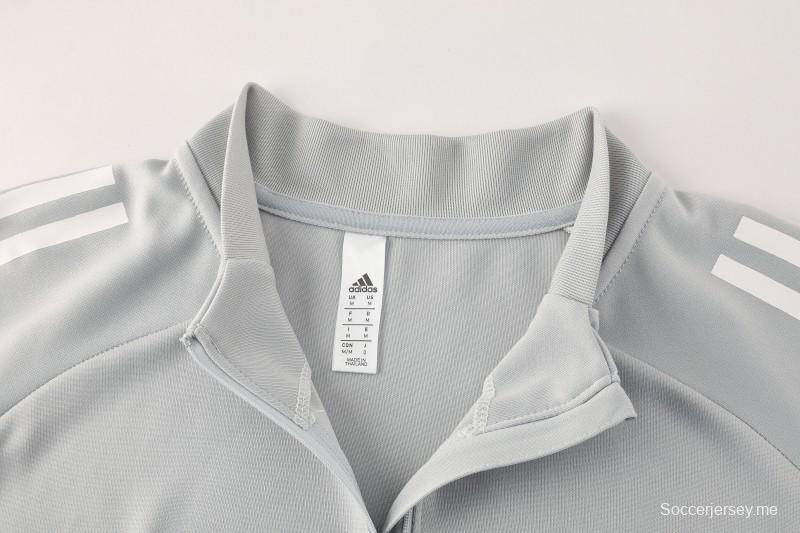 25/26 أديداس سترة رياضية بسحاب كامل رمادي فاتح + بنطلون طويل + أديداس 25/26