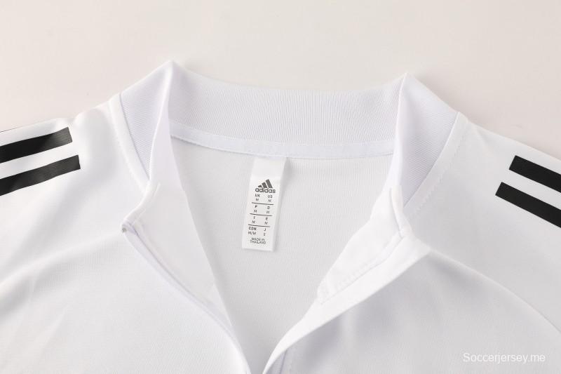 25/26 أديداس جاكيت رياضي أبيض بسحاب كامل + بنطلون طويل + جاكيت أديداس أبيض