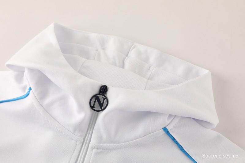 25/26 نابولي جاكيت رياضي أبيض بسحاب كامل + بنطلون طويل + جاكيت أبيض