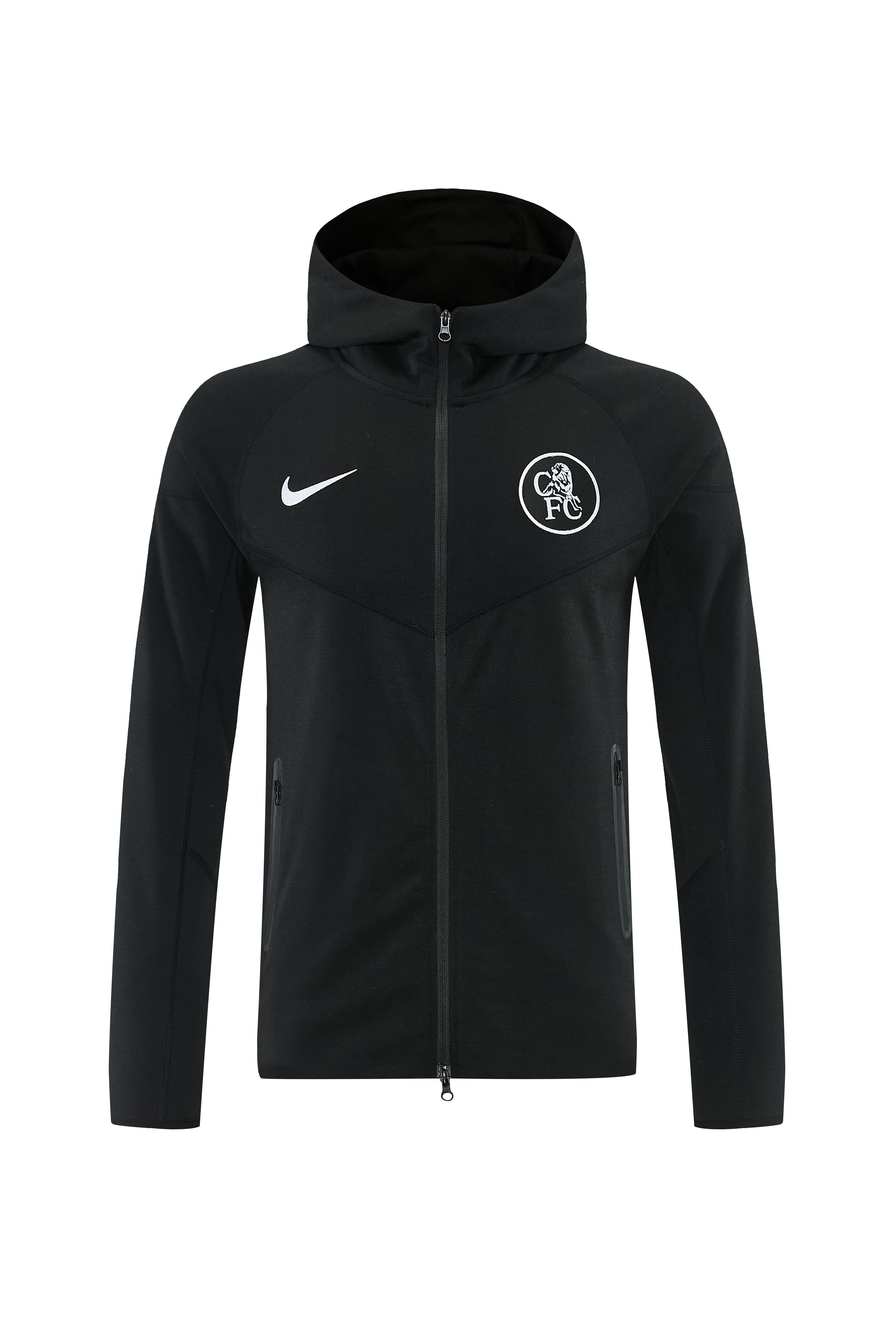 25/26 تشيلسي أسود كامل سحاب هوديي واقي من الرياح + بنطلون طويل