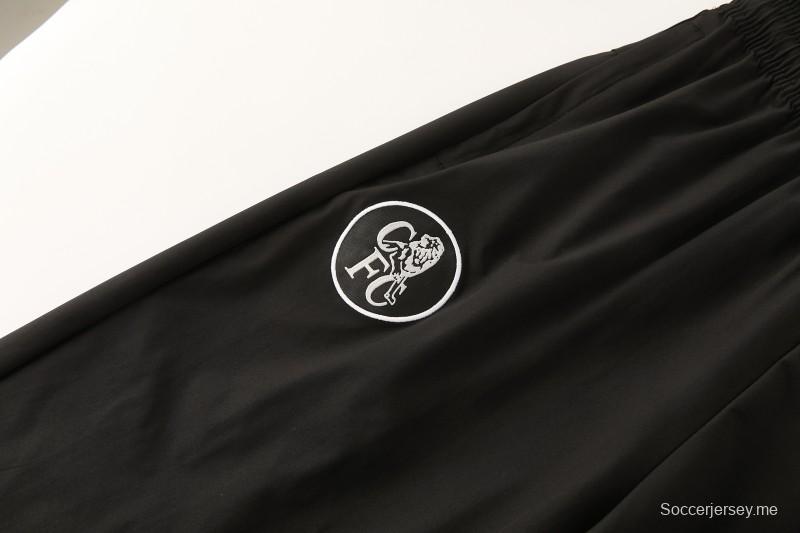 26/27 طقم رياضي من تشيلسي باللون الأسود مع سترة بغطاء رأس وسحاب كامل + بنطال طويل