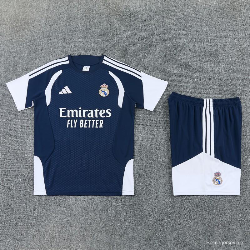 26/27 ريال مدريد - قميص أزرق داكن وأبيض بأكمام قصيرة + شورت كرة قدم
