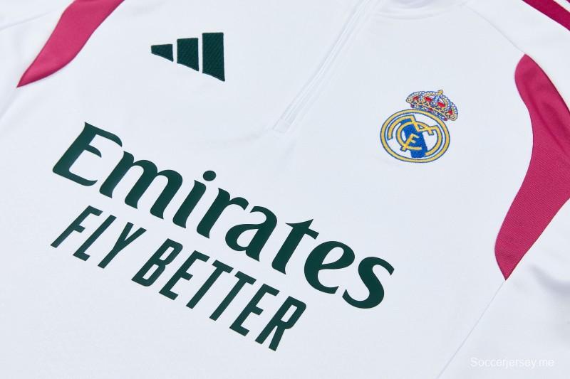 26/27 طقم رياضي من ريال مدريد باللونين الأبيض والأخضر الداكن مع سترة بنصف سحاب + بنطال طويل