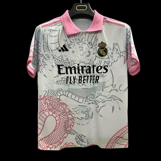 25/26 قميص ريال مدريد أبيض بتصميم تنين وردي اللون الأبيض
