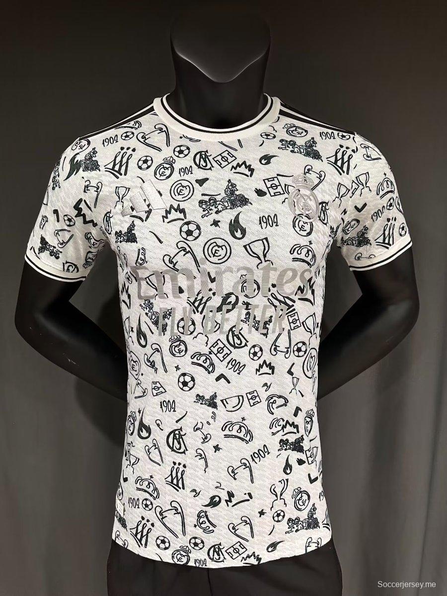 إصدار اللاعب 25/26 قميص ريال مدريد أبيض بنقشة أيقونات كرة القدم