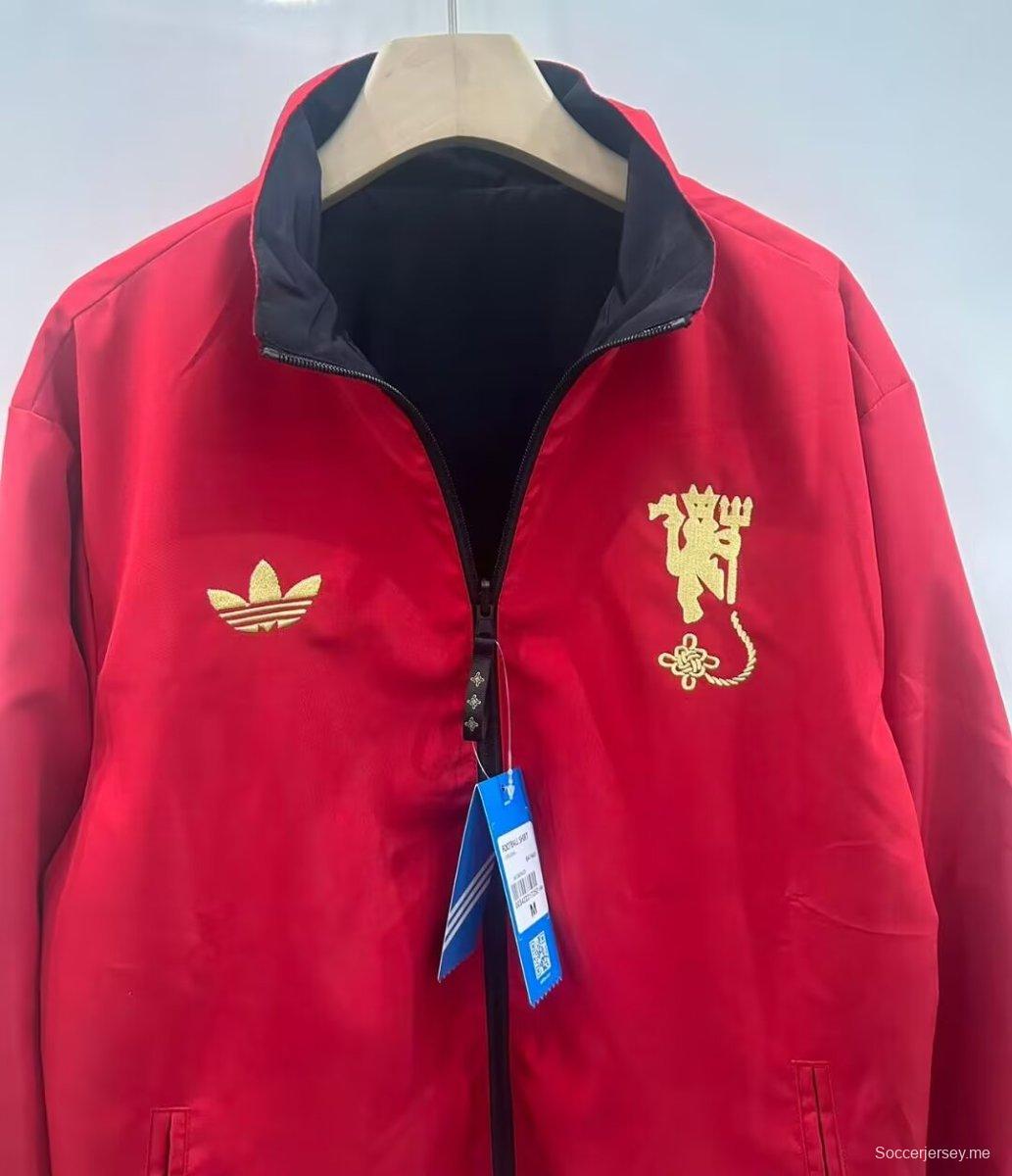 25/26 مانشستر يونايتد أحمر/أسود قابل للانعكاس بسحاب كامل واقي من الرياح