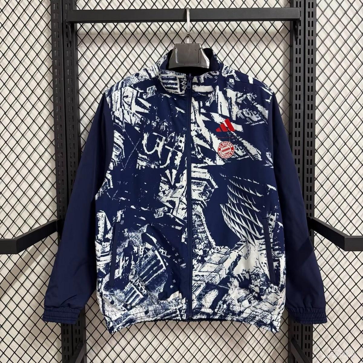 25/26 بايرن ميونيخ أزرق داكن مع نمط جرافيتي أبيض مجرد سحاب كامل واقي من الرياح
